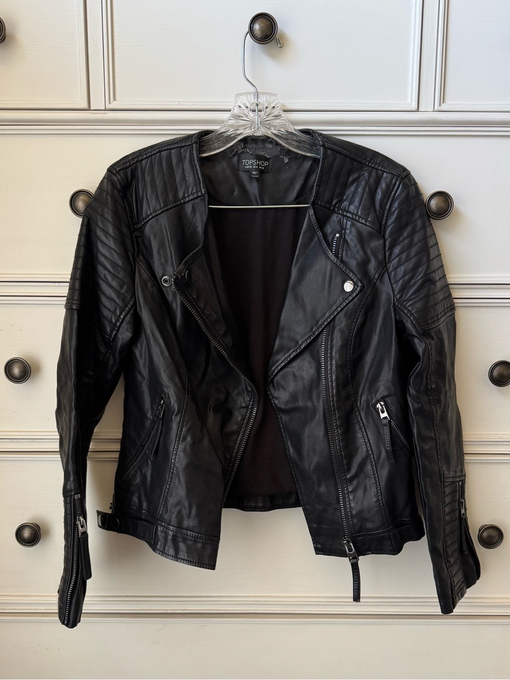 Topshop Black Faux Leather Moto Jacket with Quilted Shoulders
